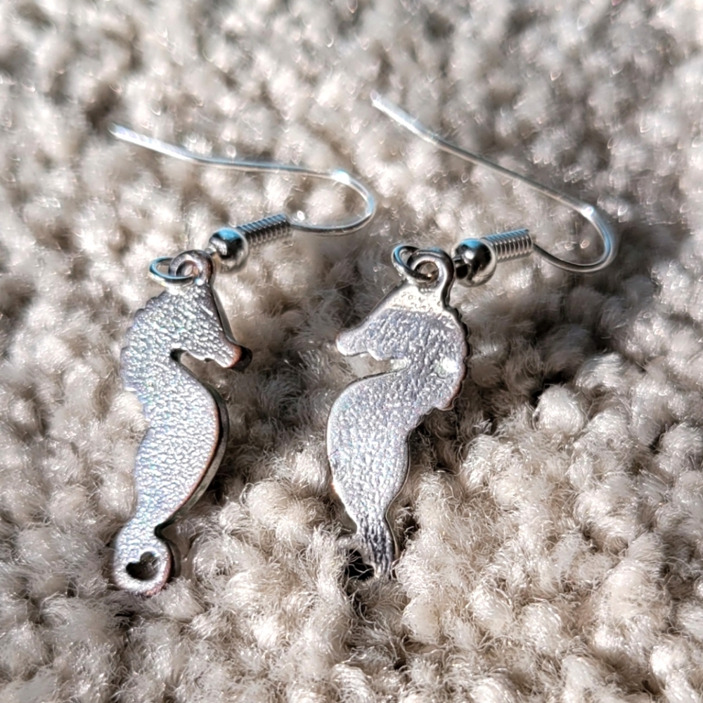 Cute Abalone Seahorse Silver Earrings Seahorse Earrings Silver Dangle Earrings - Picture 6 of 9
